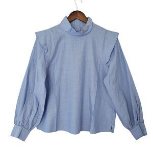 Everlane The Wing Shoulder Mockneck Ruffle Top Womens Size 6 Blue Cotton NWT